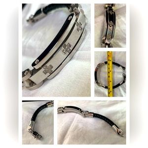 Men’s leather cord and stainless steel with diamond cross accents